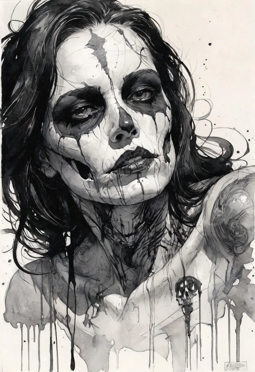 The Death, black ink engravement, Steve McDonald style, Michael Garmash style, Adam Hughes style, white background, ultra realistic, hyper detailed ink sketch, watercolor fill, black and white style