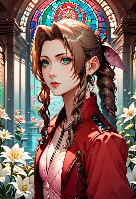 (score_10, score_9_up, score_8_up, score_7_up,) 1girl, aerith gainsborough, brown hair, braid, long hair, green eyes, hair ribbon, pink dress, red jacket, cropped jacket, best quality, high quality, masterpiece, highres, cathedral interior, flower, white lilies, stained glass, extremely detailed CG, extremely detailed 8K wallpaper, extremely detailed character, solo, sharp focus, dramatic angle, cinematic lighting, extremely delicate and beautiful, absurdres, incredibly_absurdres, bloom, glow, bokeh, jewelry, ornaments