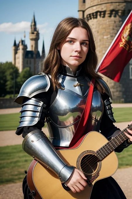 An up angle photo portrait of a 25-year-old woman, (medieval armor), metal reflections, outdoors, contrasting side sunlight, far away castle, eye contact, bokeh, blurry background, crest on chest, (a red banner), (skin blemishes and freckles:0.6), playing acoustic guitar, full of emotion