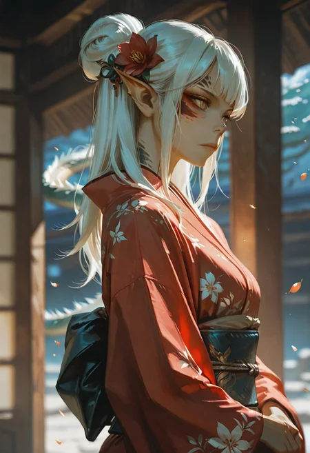 masterpiece, ultra-HD, cinematic lighting, photorealistic, impressionism (1.5), high detail, depth of field, (blurred background), (dramatic lighting),masterpiece, best quality, very aesthetic,8k, lae'zel, 1girl, gith (d&d), slit pupils, yellow eyes, facial mark , pointy ears, Dragon and girl, 1girl, dragon, japanese clothes, kimono, white hair, hair ornament, eastern dragon, blue eyes, red kimono, hair flower, hair bun, flower, sash, long sleeves, wide sleeves, obi, solo, petals, bangs, from side, floral print, single hair bun, closed mouth, sidelocks, long hair, red eyes,
masterpiece, best quality, amazing quality, usnr,
