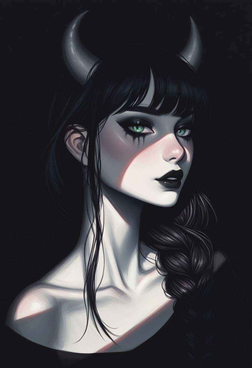 score_9, score_8_up, score_7_up, score_6_up, s1_dram, ncpy13 style, pastels drawing, deep black background, 1woman, fullbody, portrait, beautiful, dramatic lights ((Succubus, Demon Girl, Succub, horns, seductive, seductive look, goth, goth girl, goth makeup, lithe, curvy, sexy, erotic, green eyes, wings, bat wings grey skin, grey colored skin, black hair, long braided ponytail, bangs, side bangs,))