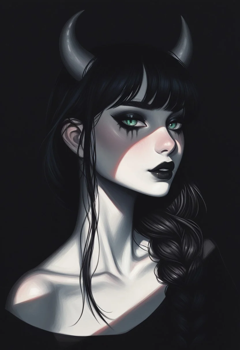 score_9, score_8_up, score_7_up, score_6_up, s1_dram, ncpy13 style, pastels drawing, deep black background, 1woman, fullbody, portrait, beautiful, dramatic lights ((Succubus, Demon Girl, Succub, horns, seductive, seductive look, goth, goth girl, goth makeup, lithe, curvy, sexy, erotic, green eyes, wings, bat wings grey skin, grey colored skin, black hair, long braided ponytail, bangs, side bangs,))