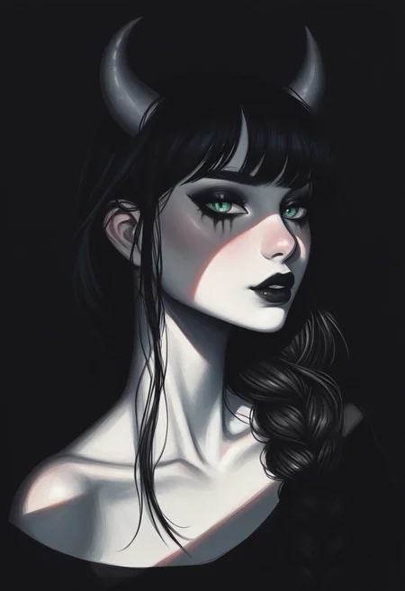 score_9, score_8_up, score_7_up, score_6_up, s1_dram, ncpy13 style, pastels drawing, deep black background, 1woman, fullbody, portrait, beautiful, dramatic lights ((Succubus, Demon Girl, Succub, horns, seductive, seductive look, goth, goth girl, goth makeup, lithe, curvy, sexy, erotic, green eyes, wings, bat wings grey skin, grey colored skin, black hair, long braided ponytail, bangs, side bangs,))