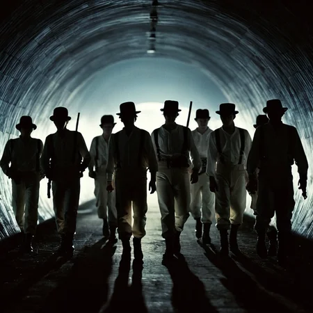 cinematic film still of <lora:perfection style:0.5> <lora:detailed:0.5> perfection detailed
<lora:Clockwork Orange film style:0.9>
In a futuristic dystopian Britain a group of men covered in shadows standing in a tunnel with moonlight in backgroun,hat,standing,weapon,male focus,multiple boys,pants,gun,shadow,walking,6+boys,silhouette,5boys , cinematic, film, kodak, Clockwork Orange film style, shallow depth of field, vignette, highly detailed, high budget, bokeh, cinemascope, moody, epic, gorgeous, film grain, grainy