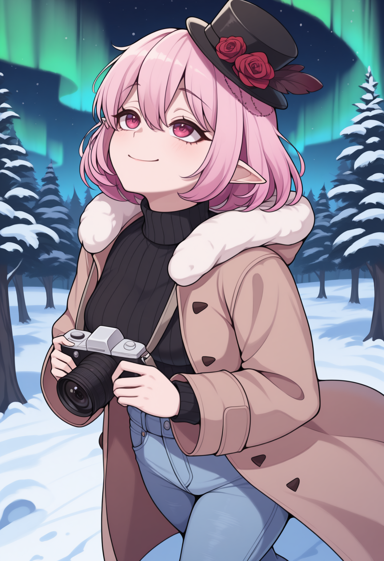 masterpiece, best quality, newest, solo, 1girl, luc1d, smile, looking up, walking, holding camera, short hair, pink hair, hair between eyes, black headwear, mini top hat, hat flower, red rose, hat feather, pointy ears, pink eyes, winter clothes, brown coat, open coat, fur-trimmed hood, hood down, long sleeves, black sweater, ribbed sweater, turtleneck sweater, blue pants, jeans, outdoors, night, aurora, nature, snow, tree
<segment:yolo-Anzhc Face seg 640 v2 y8n.pt,0.4,1//cid=11>