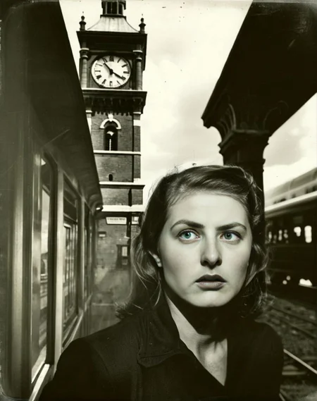 A clock tower bending over to whisper secrets to a passing train. -- <lora:CBS_novuschroma37 style_b:1> Light Distortion <lora:Ingrid Bergman SDXL:1> Woman looking worried