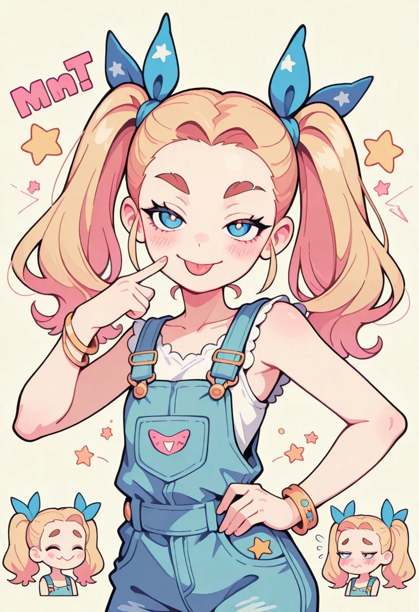 1 girl , solo , blushing , tongue out , closed mouth , bratty smile , thick eyebrow , eyelashes , cute , twintails , winking , star , sleeveless , bracelet , overalls , ribbon , hair ribbon ,
masterpiece, best quality ,amazing quality ,S4bit4mago_illu , Protoneon ,s0wasow4rt_illu, t1m3r