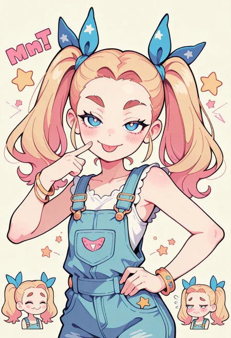 1 girl , solo , blushing , tongue out , closed mouth , bratty smile , thick eyebrow , eyelashes , cute , twintails , winking , star , sleeveless , bracelet , overalls , ribbon , hair ribbon ,
masterpiece, best quality ,amazing quality ,S4bit4mago_illu , Protoneon ,s0wasow4rt_illu, t1m3r