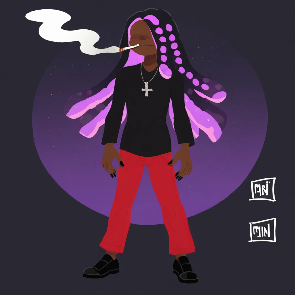 (solo,alone,one character) score_9 score_8_up score_7_up high_resolution 1,solo, single character, (dark skin male,male)(very long hair,dreadlocks,black hair, purple highlights,) (tall:1)(hair over eyes) (cross necklace,black shirt,long sleeves,red pants, black shoes), black nails Purple halos,,cigarette, smoking, mouth hold,, fire, lighter, holding, dark purple background, simple background, light particles, bokeh, fog, black background, starry background, galaxy background, dark, contrast,