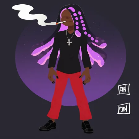 (solo,alone,one character) score_9 score_8_up score_7_up high_resolution 1,solo, single character, (dark skin male,male)(very long hair,dreadlocks,black hair, purple highlights,) (tall:1)(hair over eyes) (cross necklace,black shirt,long sleeves,red pants, black shoes), black nails Purple halos,,cigarette, smoking, mouth hold,, fire, lighter, holding, dark purple background, simple background, light particles, bokeh, fog, black background, starry background, galaxy background, dark, contrast,