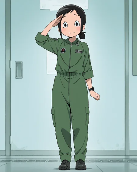 (masterpiece:1.4), (best quality:1.4),  very aesthetic, newest,best quality, amazing quality, absurdres,
amakasu_hisone, 1girl, solo,  blush, short hair, ponytail,  black hair,  black eyes, sidelocks,
smile, standing, full body, looking at viewer,
military uniform, black shoes, jumpsuit,green pants,one wristwatch, 
salute,indoor,military base,
 <lora:hisone:1>