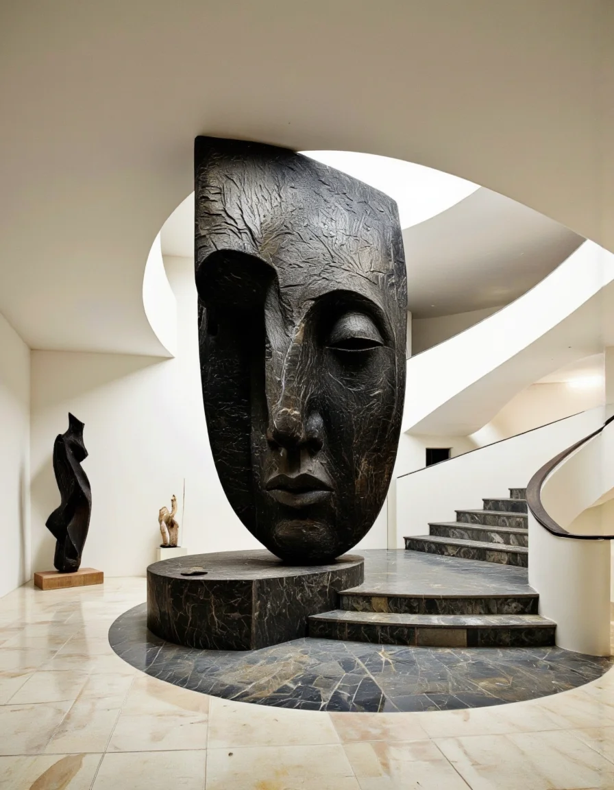 A modern, minimalist interior space featuring a large, abstract sculpture in the middle of the image. the sculpture is made of dark, textured stone with a smooth, elongated face and closed mouth, creating a sense of serenity. it is positioned in the center of the room, surrounded by two other abstract sculptures on either side. the room has a curved staircase on the right, with light-colored walls and a tiled floor, and the ceiling is visible above the sculpture. the overall aesthetic of the space is minimalistic and contemporary, with a focus on the intricate details of the sculpture and the neutral tones of the walls and floor.