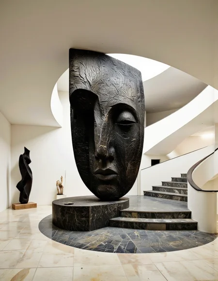 A modern, minimalist interior space featuring a large, abstract sculpture in the middle of the image. the sculpture is made of dark, textured stone with a smooth, elongated face and closed mouth, creating a sense of serenity. it is positioned in the center of the room, surrounded by two other abstract sculptures on either side. the room has a curved staircase on the right, with light-colored walls and a tiled floor, and the ceiling is visible above the sculpture. the overall aesthetic of the space is minimalistic and contemporary, with a focus on the intricate details of the sculpture and the neutral tones of the walls and floor.