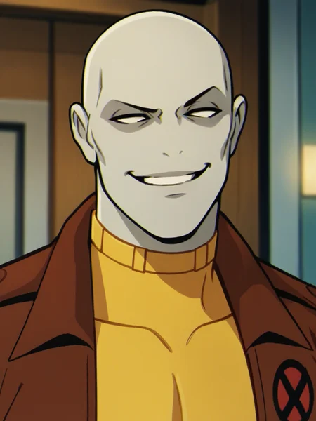 portrait of Morph_X97 man, grey skin, bald, x-men outfit, open jacket, smirking, smug <lora:Morph_X97:.8> solo, score_9, score_8_up, score_7_up, <lora:Smooth Anime 2 Style SDXL_LoRA_Pony Diffusion V6 XL:.3> <lora:add-detail-xl:.8> zPDXL3,