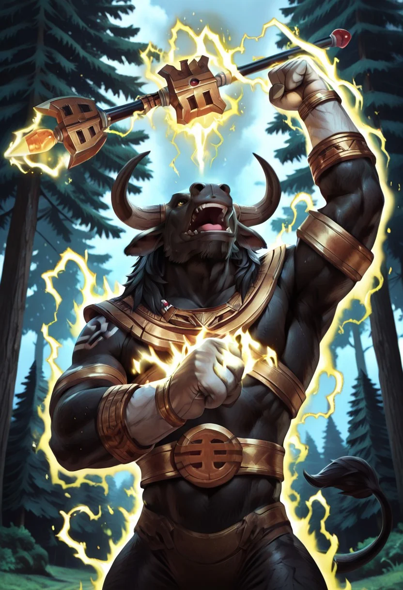masterpiece, absurdres, newest, best quality, detailed face, detailed body, detailed background, perfect hands, perfect anatomy, anthro, furry, zzGoldZeo, 1boy, solo, male, muscular, bulky, black fur, tribal, body paint, tribal symbols, necklace, Taur3n, (bull), anthro, horns, bull horns, mane, tail, thick arms, thick chest, snout, nostrils, underbite, square teeth, thick thighs, wide shoulders, (black bodysuit), (white gloves), (gold belt), (looking up), (head raised), (shouting), (mouth wide open), intense facial expression, (raising staff), holding up staff, (one arm raised), (clenched fists), (glowing staff), (glowing body outline), magic aura, (electricity flowing around body), (close-up), (upper body), outdoors, forest, pine trees
