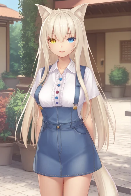 score_9, score_8_up, score_7_up, score_6_up, score_5_up, score_4_up, BREAK source_anime, 1girl, solo,
<lora:CoconutXL-v1-07:0.7>, ChopioCoconut, blonde hair, long hair, very long hair, hair between eyes, cat ears, animal ear fluff, cat girl, blue eyes, yellow eyes, heterochromia, slit pupils, looking at viewer,
large breasts, tail, bare thighs,
outdoors, garden, cobblestone, ivy, grass, standing, smile, parted lips, 
<lora:Clothing_Overalls:0.7>, salopette, overall skirt, white shirt, arms at sides, denim, suspenders,