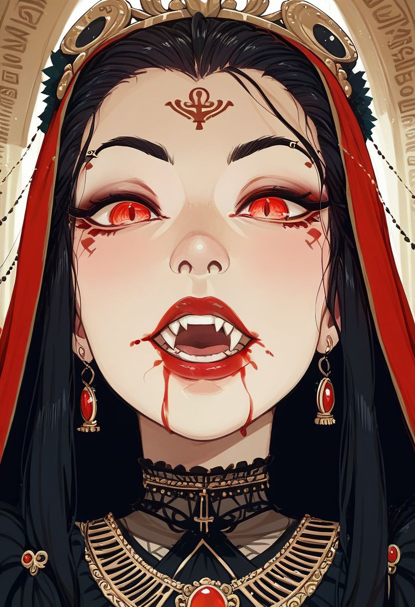 Score_9, Score_8_Upper, Score_8_Upper, Score_8_Upper, Score_8, solo, 1girl, anime, perfect face, bloody mouth, vampire sorceress, pale skin, black hair, black brows, scarlet eyes, piercing gaze, glowing eyes, decorated robes, golden jewelry, black gothic full robes, stitch marks, stitched skin, ghastly pale skin, egyptian royal crown, cracked skin, bloody skin, 
night sky, egyptian temple background, large fangs,