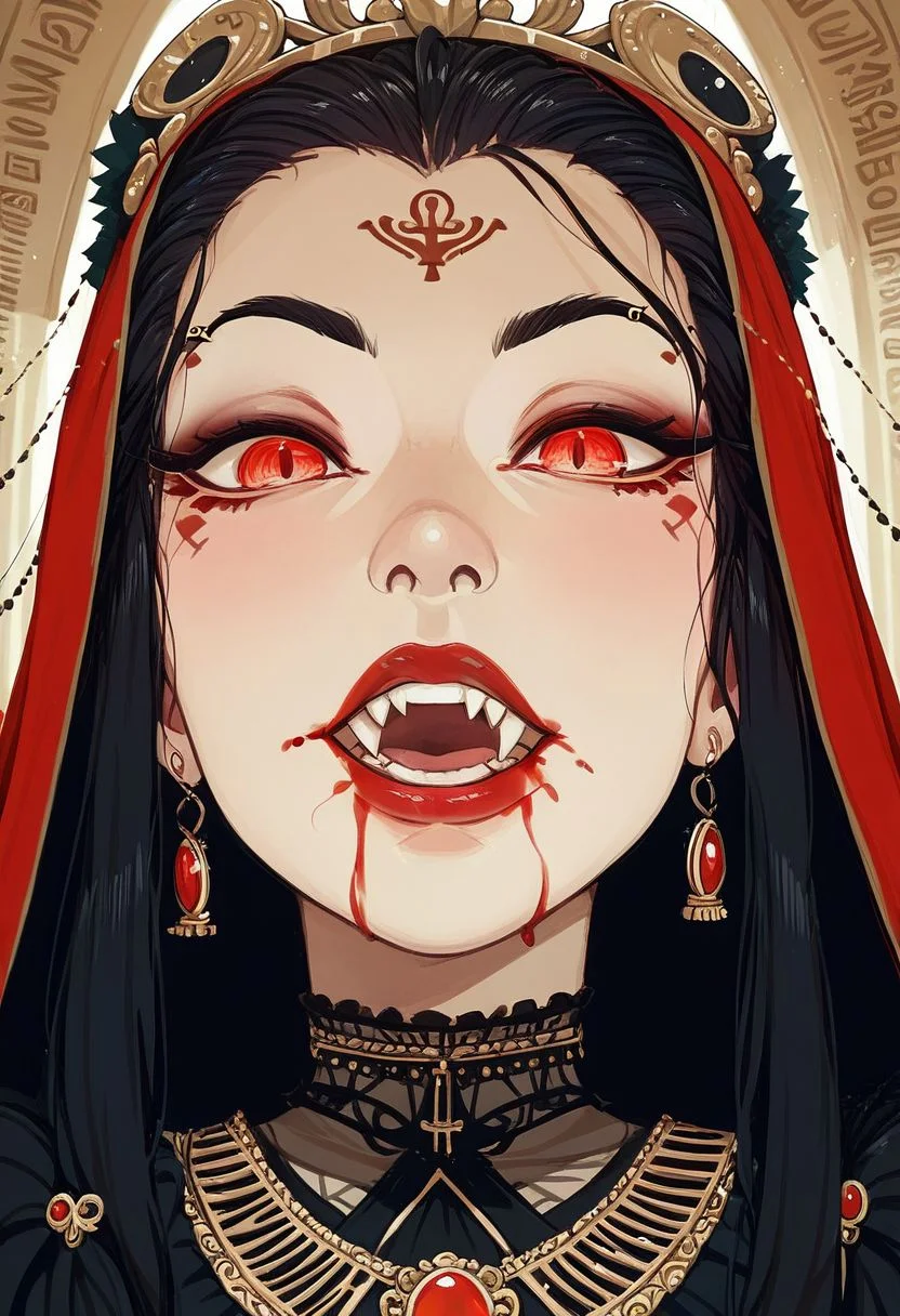 Score_9, Score_8_Upper, Score_8_Upper, Score_8_Upper, Score_8, solo, 1girl, anime, perfect face, bloody mouth, vampire sorceress, pale skin, black hair, black brows, scarlet eyes, piercing gaze, glowing eyes, decorated robes, golden jewelry, black gothic full robes, stitch marks, stitched skin, ghastly pale skin, egyptian royal crown, cracked skin, bloody skin,
night sky, egyptian temple background, large fangs,