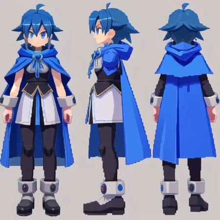 megaman_legends, lowpoly, PS1, PSX, pixelated, model sheet, simples background, chara-sheet, 3D, man, blue hair, mage, cape with hood, mage uniform, gothic style, medieval fantasy