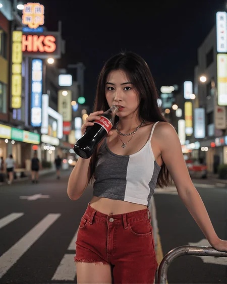 This is a candid vintage-styled street photograph capturing a <lora:ts_f1d_quartz_20240926_2400:0.75> Japanese girl with long hair drinking a bottle of coca-cola with an indifferent expression. She stands in a bustling city intersection at night, with vibrant neon signs illuminating the background, including a prominent sign with the text "HKS". SShe wears a form-fitting gray and white simple crop top with a crimson s1ngl3g pants, and a silver chain necklace around her neck. Her pose is relaxed, leaning against a metal railing. The underexposed background is dark and heavily blurred, drawing attention into the foreground. The image has a shallow depth of field, with soft lighting and warm tones, with a light on her face and body drawing attention to her face and her thighs. <lora:abandoned:0.3> <lora:90log_v3:0.6> <lora:girl_light_flux_lora:0.75> <lora:ts_f1d_singleg_20250401_3600:1>