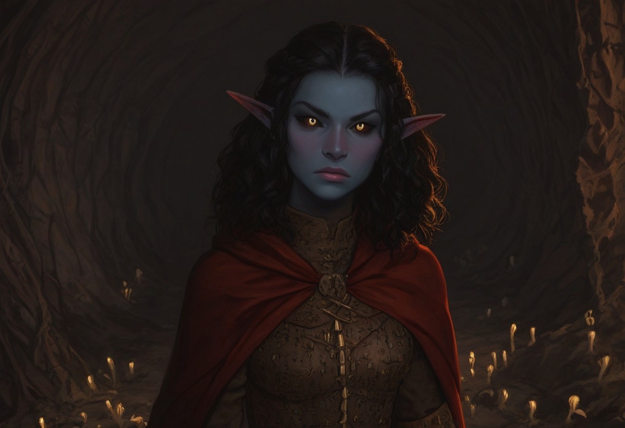 safe_pos, solo, short pointy ears, piercings, nord woman, random elf face, aquiline features, dark elf, weathered skin, large nose, animated realism, zoomed out, Syrian features, torso, subterranean, glowing mushrooms, mushroom forest, cave enviroment, large cavern, gloomy lighting, ancient ruins, interior, dark soil floor ,grey-blue skin, scarlet and gold clothes, medium armor, bone plate armor, ivory straps and fittings, grey wood neckguard, dark red sclera, black pupils, distant mushroom forest, blue-green light, neon, highly detailed, defined features, looking at viewer, three quarters view, from above, dynamic lighting, 36 years old, light and shadows, patterned cloth, determined expression, expressive eyes, detailed medieval clothes, medium_breasts, medium hair, wavy hair, thick hair, beaded hair, braided hair, under cut hair, semirealistic, alien elf, spanish features, jewish features, black hair, dark red hair, umber skin, sharp features, red persian print cloak, nighttime, high detail, absurdres, pretty eyes, detailed eyes, yellow eyes,