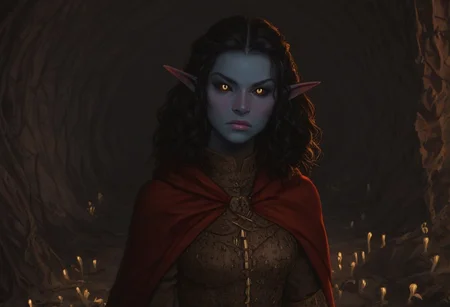 safe_pos, solo, short pointy ears, piercings, nord woman, random elf face, aquiline features, dark elf, weathered skin, large nose, animated realism, zoomed out, Syrian features, torso, subterranean, glowing mushrooms, mushroom forest, cave enviroment, large cavern, gloomy lighting, ancient ruins, interior, dark soil floor ,grey-blue skin, scarlet and gold clothes, medium armor, bone plate armor, ivory straps and fittings, grey wood neckguard, dark red sclera, black pupils, distant mushroom forest, blue-green light, neon, highly detailed, defined features, looking at viewer, three quarters view, from above, dynamic lighting, 36 years old, light and shadows, patterned cloth, determined expression, expressive eyes, detailed medieval clothes, medium_breasts, medium hair, wavy hair, thick hair, beaded hair, braided hair, under cut hair, semirealistic, alien elf, spanish features, jewish features, black hair, dark red hair, umber skin, sharp features, red persian print cloak, nighttime, high detail, absurdres, pretty eyes, detailed eyes, yellow eyes,