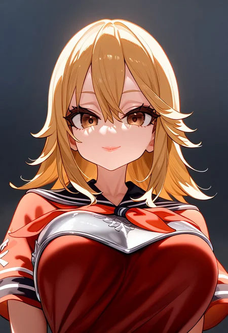 (masterpiece:1.2, best quality), (finely detailed eyes: 1.2) (ultra-detailed, hires), (detailed face, detailed eyes), (best illumination), detailed glow, high contrast, looking at viewer, ((solo)), smile, closed mouth, 1girl, huge breasts, wide hips, thick thighs, centurii-chan, blond hair, brown eyes, hair between eyes, medium hair, fluffy hair, bangs, armor, ((breastplate)), dress, neckerchief, red neckerchief, red dress, short dress, short sleeves, pink lips, skindentation, upper body, no background, empty background, (masterpiece, best quality, very aesthetic, absurdres), (ultra detailed perfect piece:1.2), illustration, masterpiece, (extremely detailed CG 8k), (very fine 8K CG), <lora:add-detail-xl:-1>