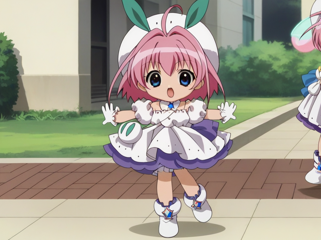 score_9,score_8_up,score_7_up,source_anime,rating_safe,intricate details,anime screencap,anime coloring,1girl,solo,gloves,hat,dress,blue eyes,open mouth,pink hair,ahoge,short hair,boots,puffy sleeves,white gloves,chibi,white footwear,full body,magical girl,white dress,antenna hair,looking at viewer,puffy short sleeves,<lora:ç³ç³5:1>,