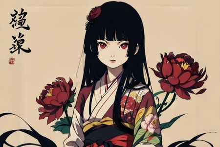 enma ai, hair down, hair black, bangs, eyes red, masterpiece, best quality, ultra-detailed, illustration, 1girl, solo, highres, photorealistic, ultra high res, (Original illustration composition), (fusion of limited color, Maximalism artstyle, kimono obi fashion, double exposure, background, illustration, Amazing, lily spider, night darkness, open one's mouth, flowers red, (polychromatic peony:1.15), Movie poster, ink Chinese
