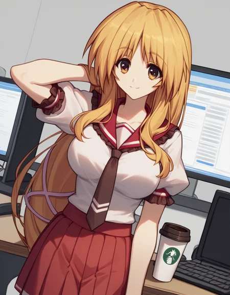 score_9, score_8_up, score_7_up, source_anime, <lora:tsumugi-toudou-s1-ponyxl-lora-nochekaiser:1>, tsumugi toudou, long hair, blonde hair, yellow eyes, bangs, sidelocks, large breasts,, school uniform, necktie, serafuku, white shirt, short sleeves, puffy sleeves, frilled sleeves, frilled sailor collar, red sailor collar, brown necktie, skirt, pleated skirt, red skirt, frilled skirt,, home office, working from home, computer screen, coffee cup, focus, deadline, smile, looking at viewer, hand behind head, , solo,, cowboy shot, dutch angle,