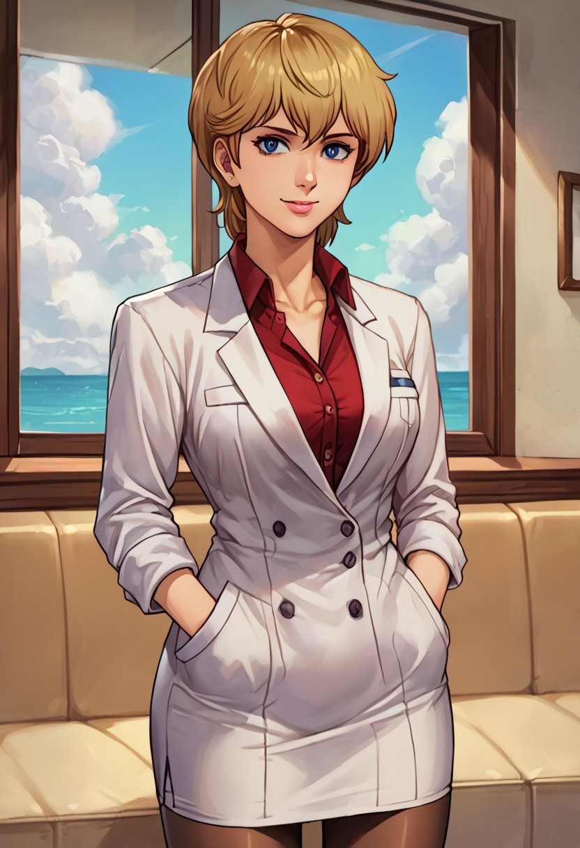 score_9, score_8_up, score_7_up, source_anime,
, (best quality) , (highly detailed) ,masterpiece ,absurdres ,detailed face ,beautiful face ,
<lora:pony_xl_Hildegard:0.8>,Hildegard,score_9,score_8_up,1girl,female,kawaii,solo,short ,looking at viewer,facing viewer,smile,Amagi Ryou,,collarbone,cleavage,pumps,labcoat,wing collar,breast pocket,open clothes,white shirt,collared shirt,dress shirt,large breasts,long sleeves,sleeves rolled up,hands in pockets,miniskirt,black skirt,pencil skirt,brown pantyhose,high heels,blue footwear,<lora:Amagi Ryou(bjsn):0.7>,
best quality, masterpiece, very aesthetic, ,,(portrait, upper body),
OverallDetail