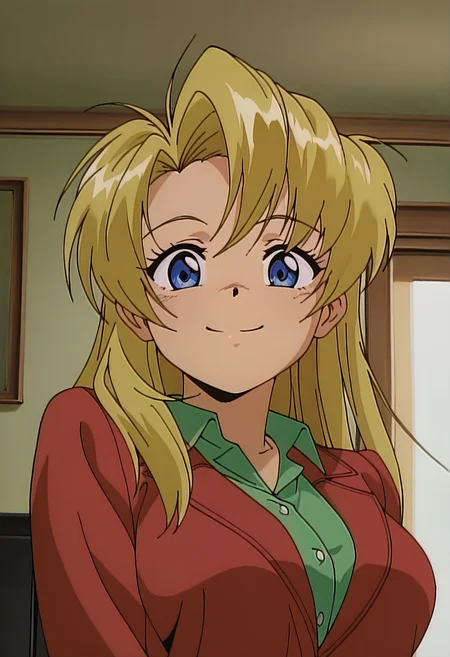 masterpiece, best quality, amazing quality, absurdres, 1girl, solo, (portrait:1.2), mayakaww, blue eyes, blonde hair, long hair, medium breasts, red jacket, green collared shirt, looking at viewer, smile, indoors, day, skindentation, detailed clothing folds, depth of field, sharp, high contrast, dynamic light <lora:Mayaka_Nageki_no_Kenkou_Yuuryouji_ill_v11:0.9>