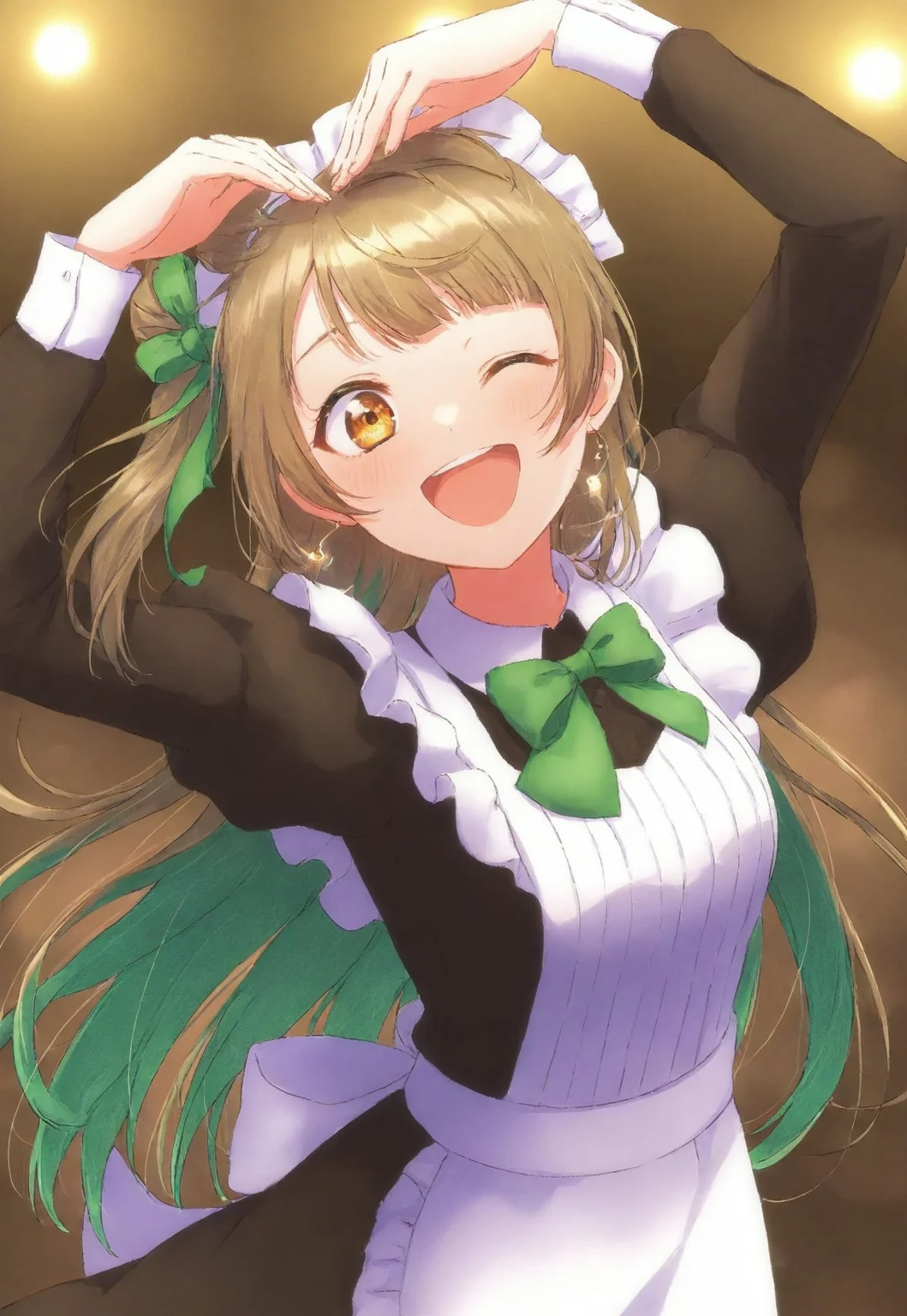 volumetric lighting, ambient occlusion, luminescent background, masterpiece, very awa,dynamic pose,,solo female,heart arms,cute, simple background, hearts
BREAK
lovelive_kotori, grayish brown hair, green hair bow, bangs, one side up, long hair, brown eyes, maid, maid outfit, maid, maid headdress, smile, blush, cute