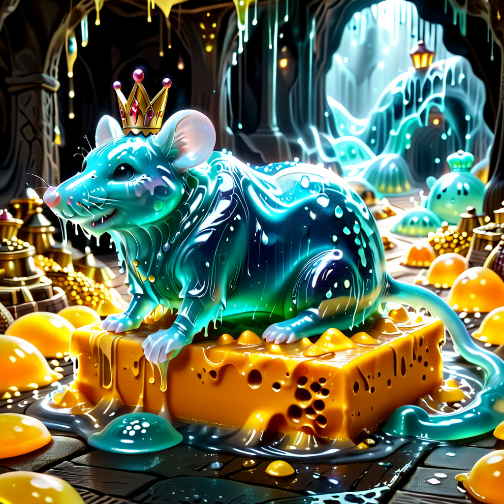 embedding:lazympos a mischievous slime-morphed mouse wearing a tiny gelatinous crown, riding a melting cheese chariot through a gooey dungeon, dripping slime stalactites, translucent cheese wheels, glowing mold patches, sl1m3d, slime-morph <lora:Slime_Morph_V4:1.0000000000000002> <lora:TrendCraft_The_Peoples_Style_Detailer-v2.1A-3_12_2025-SDXL:0.20000000000000004>