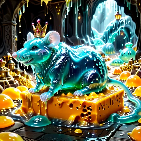 embedding:lazympos a mischievous slime-morphed mouse wearing a tiny gelatinous crown, riding a melting cheese chariot through a gooey dungeon, dripping slime stalactites, translucent cheese wheels, glowing mold patches, sl1m3d, slime-morph <lora:Slime_Morph_V4:1.0000000000000002> <lora:TrendCraft_The_Peoples_Style_Detailer-v2.1A-3_12_2025-SDXL:0.20000000000000004>
