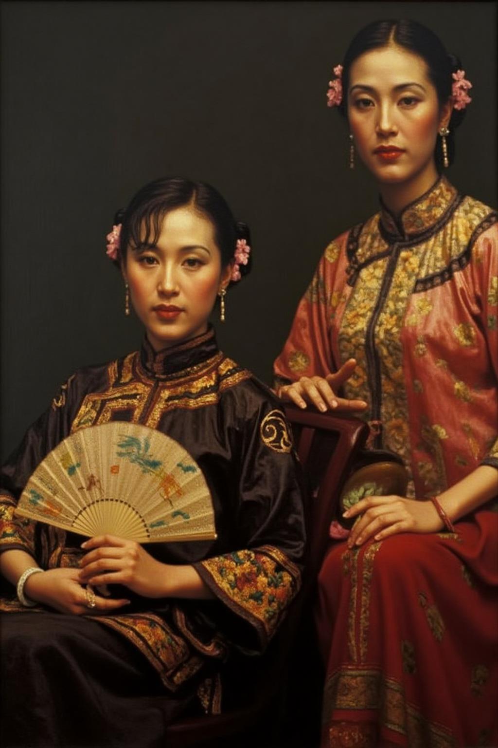 chenyifei1 painting.
Two women in traditional cheongsam are depicted. The woman in the foreground is seated, holding a traditionally embroidered hand fan in her lap. She is dressed in a dark red robe adorned with intricate gold embroidery featuring floral and wave patterns. Her hair is styled in a neat bun with a few strands framing her face, and she wears a delicate hairpin.
 <lora:chenyifei1_cap_d6a3:1.0><lora:839135386132435237:0>
