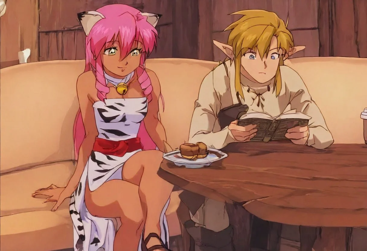 Duo, Pink_DragonPink, 1girl, sleeveless dress, white tiger print dress, pelvic curtain, cleavage, cat ears, cat bell necklace, pink hair, tanned, white tiger tail, red sash, small breasts, leather shoes, masterpiece, very aesthetic, <lora:pink-illustrious:1>, content look
Break
1boy,Anime screencap,link (zelda),blonde hair,blue eyes,pointy ears, low ponytail, sidelocks, wearing blue hyilian tunic, slight smile
Break
Medieval coffee shop, cozy interior, hylian decorations on walls, pink and link sit on comfy couch, pink and link sit close together, reading books, coffee cups on table, full bodies in frame, plate with roasted mouse kebobs
