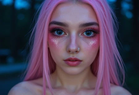 ultra realistic extremely detailed ultra close-up shot: gazing deep into the huge beautiful eyes of a sexy and alluring raver girl with long light pink hair. Pink glitter eyeshadow and winged eyeliner frames her big expressive blue eyes with dilated pupils and long eyelashes, ((euphoria makeup)). She gazes toward the viewer with a sexy eyes half shut look and (smiles seductively), soft pink lips, her facial expression exuding unbridled lust and playfulness. She blushes, flushing her cheeks as the moon bathes the sharp features of her beautiful heart-shaped face in a gentle glow. She has a nose ring. The extremely pale white skin of her bare shoulders is softly illuminated by the moonlight. Nighttime forest glen background. The moonlit image conveys a sense of sensuality and desire. aidmafluxpro1.1