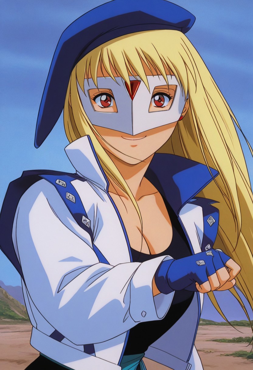 score_9, score_8_up, score_7_up, source_anime,masterpiece, best quality,  retro_artstyle,perfect_anatomy,1girl,Vega,solo,domino_mask,red_eyes,blonde_hair,blue_headwear,cleavage,open_jacket,long_sleeves,fingerless_gloves,(face focus,detailed face and eyes,smile:1.2),(upper body),close to viewer,outdoor,sky