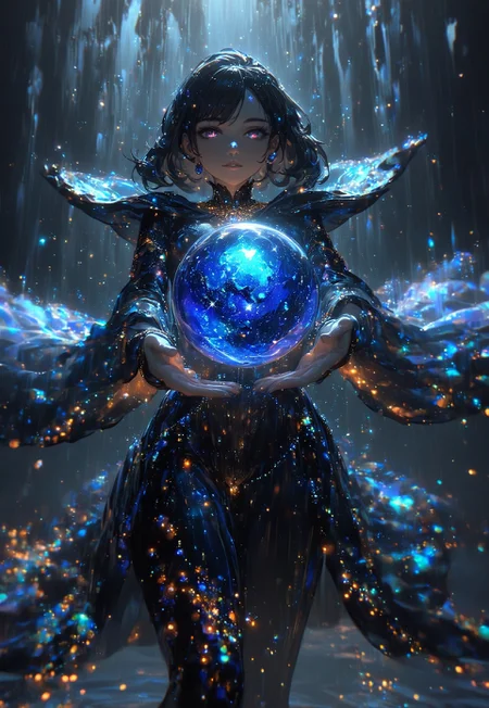 hand holding a magical orb in its palm, bioluminescent, glowing, BlackOpalPearl, sparkles, reflections, masterpiece, night time, stars, florescent, glowing, particles, magical, detailed, beautiful, black opal orb, multicolored lights, internal glow, moonlight, blurred character in background, 1girl, hand extended towards viewer, orb focus, open hand, perfect hand, ultrahigh resolution, perfection, hand, extended arms, close view, cinematic, cinematic lighting, beautiful decorations, decorated orb