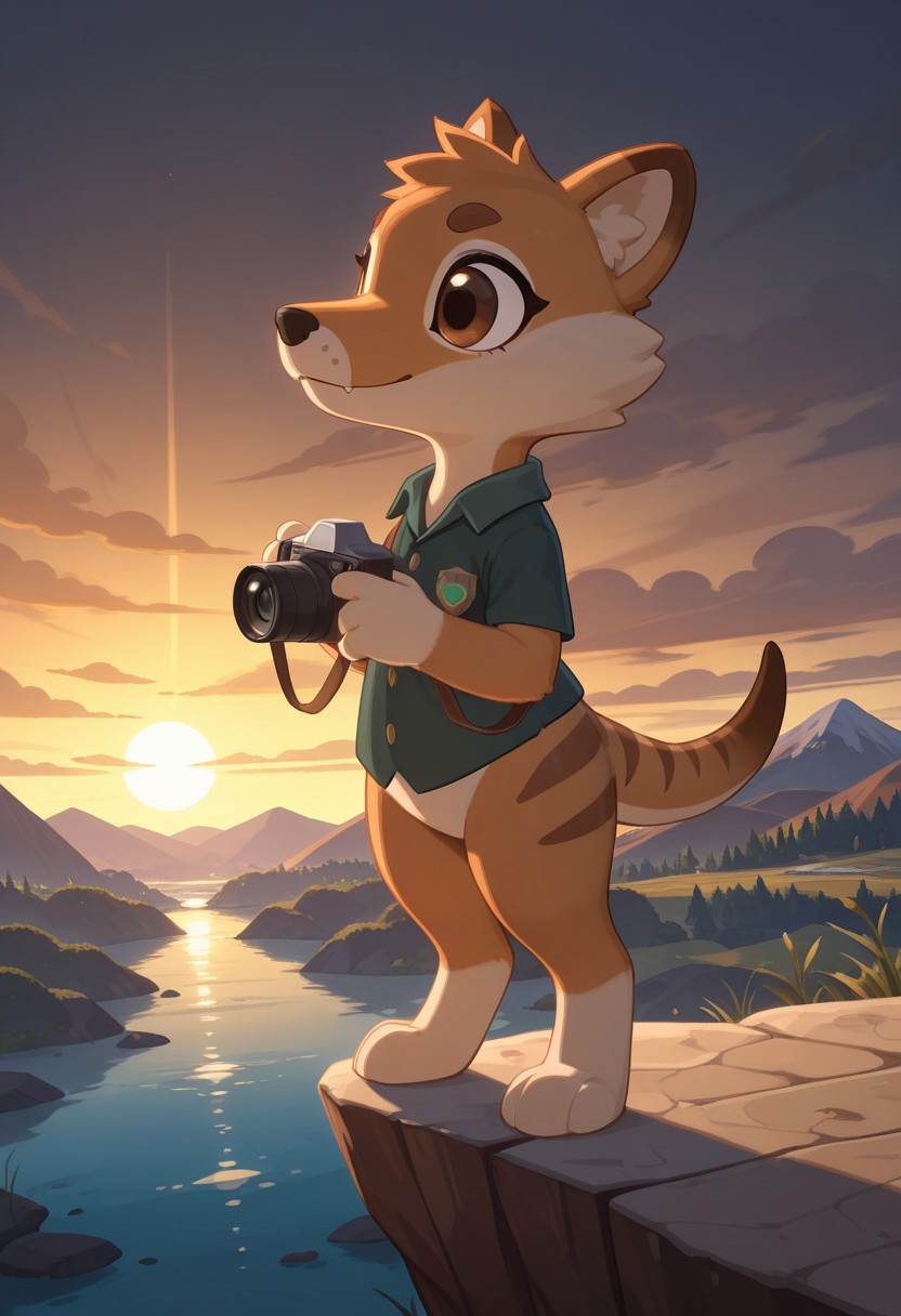 1girl, highres, newest, masterpiece, best quality, furry, small tail, claws, benji, female, Thylacine, wolf legs, brown wool, brown eyes, 4 fingers, 3 toes, green shirt, detailed eyes, professional lighting,  solo,  seductive,  masterpiece, camera, tеakes pictures, (epic mountain range at sunrise with misty valleys below, vast open sky filled with vibrant clouds, warm golden light casting long shadows, rugged terrain with diverse vegetation, craggy peaks reaching into the sky, a serene lake reflecting the landscape, ancient trees with gnarled branches, winding river cutting through the valley, distant village nestled among the hills, patches of herbs, patches of flowers, peaceful scenery, mist, ambien occlusion, particle lighting,  crystal clear waterfall cascading down a cliff,   sunbeams piercing through the mist),