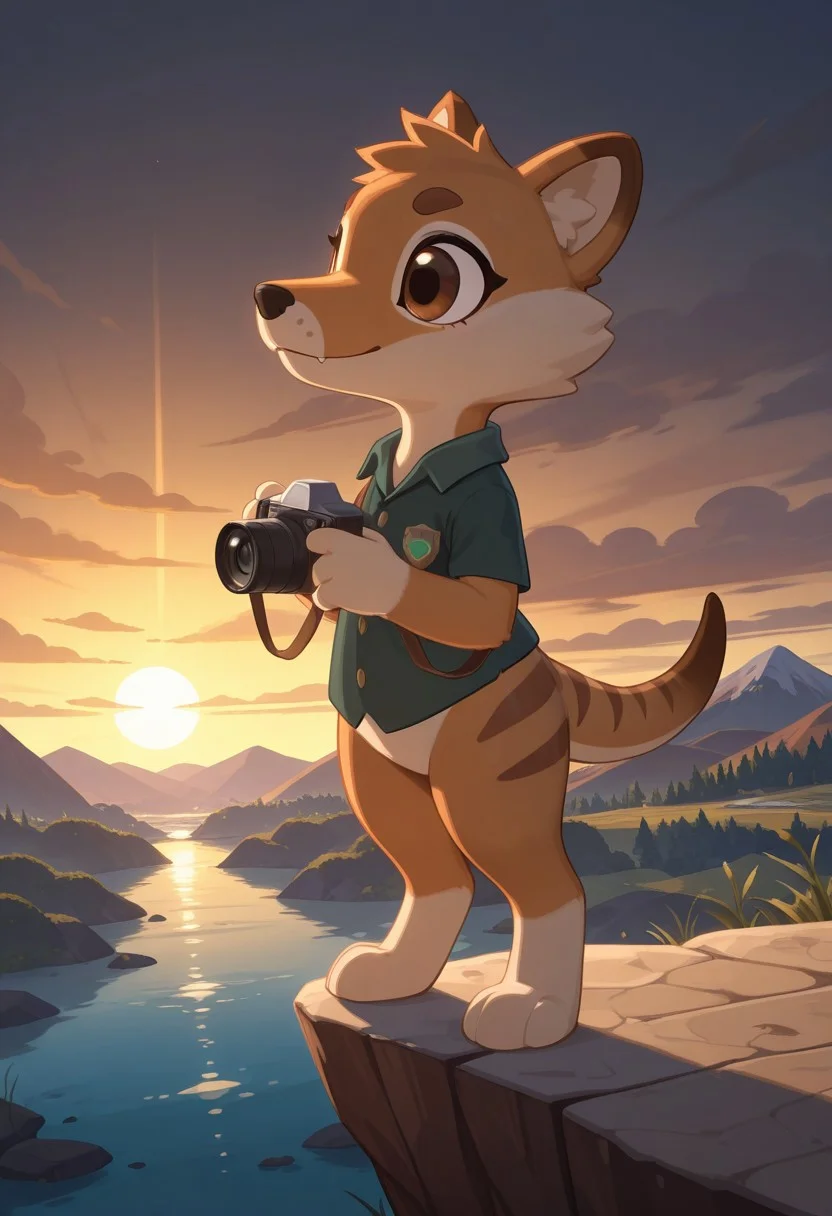 1girl, highres, newest, masterpiece, best quality, furry, small tail, claws, benji, female, Thylacine, wolf legs, brown wool, brown eyes, 4 fingers, 3 toes, green shirt, detailed eyes, professional lighting, solo, seductive, masterpiece, camera, tеakes pictures, (epic mountain range at sunrise with misty valleys below, vast open sky filled with vibrant clouds, warm golden light casting long shadows, rugged terrain with diverse vegetation, craggy peaks reaching into the sky, a serene lake reflecting the landscape, ancient trees with gnarled branches, winding river cutting through the valley, distant village nestled among the hills, patches of herbs, patches of flowers, peaceful scenery, mist, ambien occlusion, particle lighting, crystal clear waterfall cascading down a cliff, sunbeams piercing through the mist),