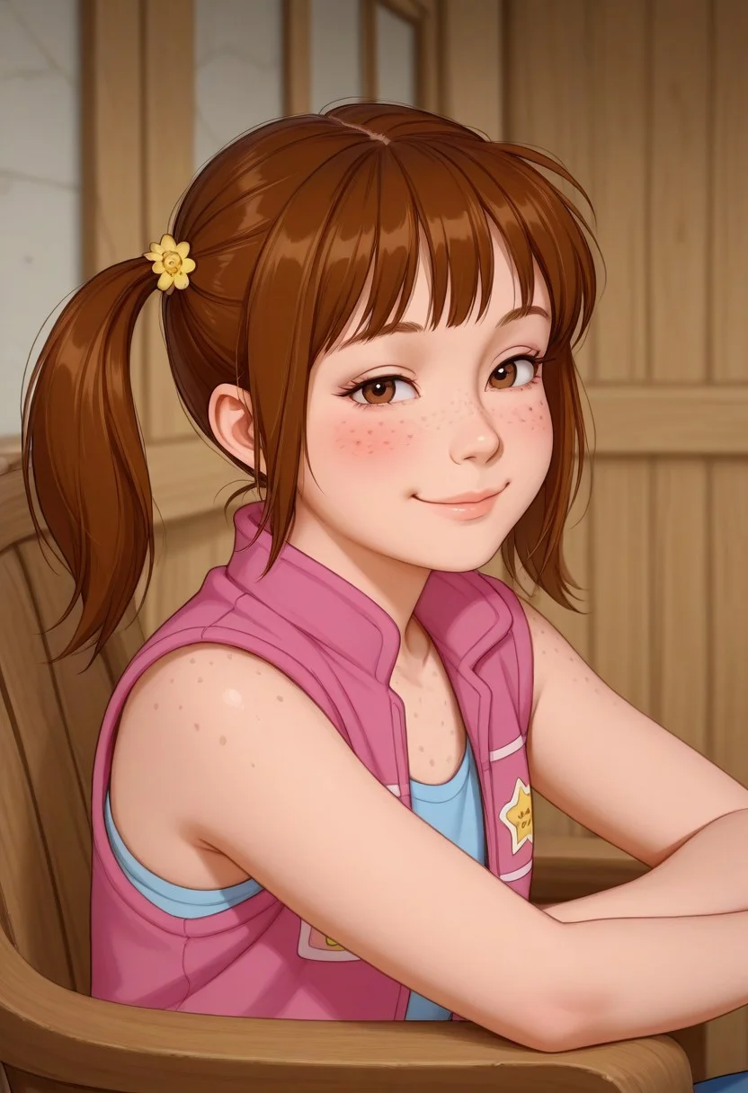 punky_ipb, brown hair, twintails, brown eyes, freckles,
side view, slender, thin, vest,
1girl,
body freckles, blush, looking at viewer, village house veranda background, relaxing in an armchair, sitting, resting pose, content, sly smile, smug, upper body closeup, realistic, score_9, score_8_up, score_7_up, small chest