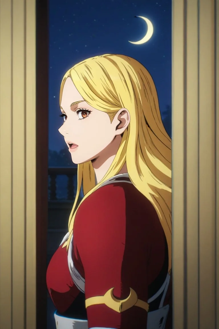 score_9, score_8_up, score_7_up, source_anime, rating_safe, intricate details, (3d:0.4), looking at viewer, , 1girl, solo, <lora:cathleen_bate_pony:0.9>, cathleen_bate, blonde hair, brown eyes, long hair, , from side, corridor, night, crescent moon, arms at sides, open mouth, velvet,, <lora:sdxl_lightning_8step_lora:1>