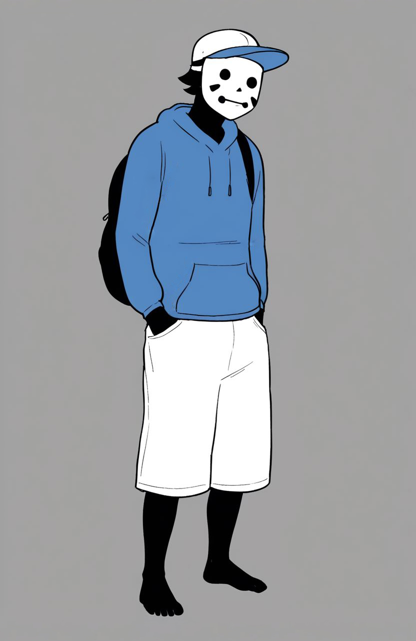 <lora:MaskGuyMDv1.0:0.8> (zPDXL2), score_9, score_8_up, score_7_up, source_cartoon, mask guy (mime and dash), 1boy, solo, human, black skin, baseball cap, short hair, black hair, mask, blue hoodie, blue drawstrings, long sleeves, black backpack, white shorts, barefoot BREAK full body, standing, hands in pockets BREAK flat colors, best anatomy