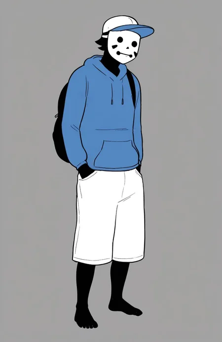 <lora:MaskGuyMDv1.0:0.8> (zPDXL2), score_9, score_8_up, score_7_up, source_cartoon, mask guy (mime and dash), 1boy, solo, human, black skin, baseball cap, short hair, black hair, mask, blue hoodie, blue drawstrings, long sleeves, black backpack, white shorts, barefoot BREAK full body, standing, hands in pockets BREAK flat colors, best anatomy