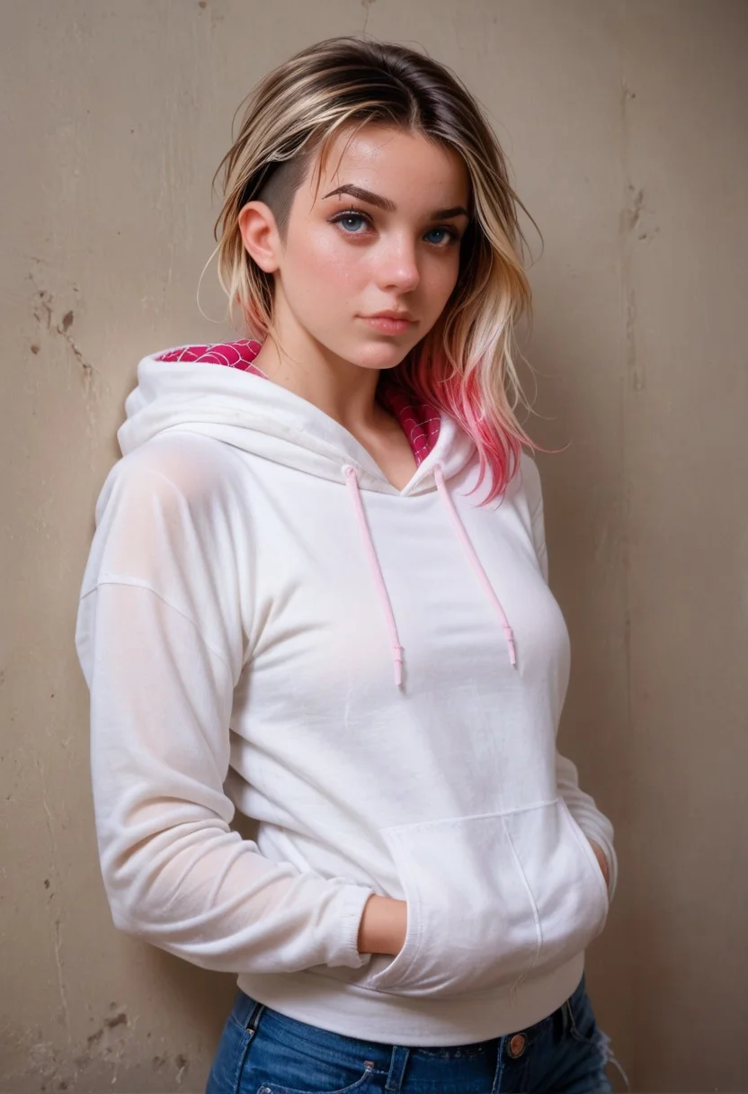 score_9,score_8_up,score_7_up,score_6_up, 1girl, spider gwen, multicolored hair, portrait, tight hoodie, jeans, multi-colored hair, photo, detailed, realistic