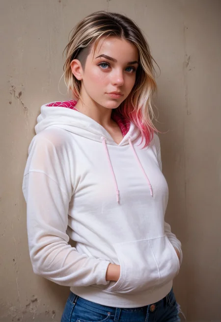 score_9,score_8_up,score_7_up,score_6_up, 1girl, spider gwen, multicolored hair, portrait, tight hoodie, jeans, multi-colored hair, photo, detailed, realistic