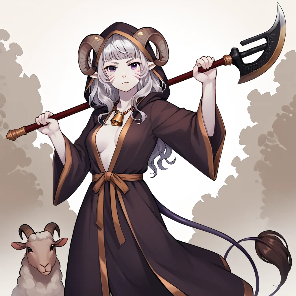 <lora:bardiche_weapon:0.8> bardiche_(weapon),holding_weapon:1.2,holding bardiche_(weapon) ,fighting stance, source_anime, source_furry, score_7_up, rating_safe, cowboy shot, gold necklace, tiefing, short pointed ears, brown horns, (a pair of brown sheep Horns that begin at her temples and curve back: 1.5), bangs, long silver hair long wavy hair, pale skin, <lora:whisker_markings:0.8> whisker_markings pointy ears, purple eyes, <lora:age_slider_v4:0.6> medium breasts, skinny female, silver hair, <lora:Tieflingnew weird fantasyDND:0.3> Tiefling, pointed ears, horns, <lora:Smooth Style 2 SDXL_LoRA_Pony Diffusion V6 XL:0.5> bell, robe, hood off, <lora:Nanoless_Artist_Style_PonyXL:0.3>