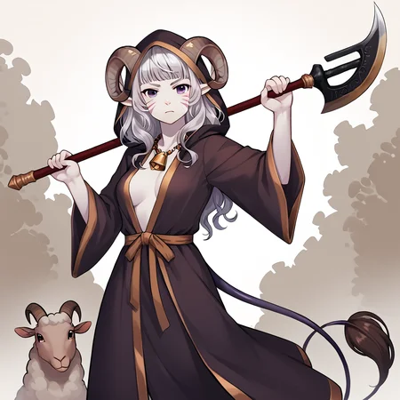<lora:bardiche_weapon:0.8> bardiche_(weapon),holding_weapon:1.2,holding bardiche_(weapon) ,fighting stance, source_anime, source_furry, score_7_up, rating_safe, cowboy shot, gold necklace, tiefing, short pointed ears, brown horns, (a pair of brown sheep Horns that begin at her temples and curve back: 1.5), bangs, long silver hair long wavy hair, pale skin, <lora:whisker_markings:0.8> whisker_markings pointy ears, purple eyes, <lora:age_slider_v4:0.6> medium breasts, skinny female, silver hair, <lora:Tieflingnew weird fantasyDND:0.3> Tiefling, pointed ears, horns, <lora:Smooth Style 2 SDXL_LoRA_Pony Diffusion V6 XL:0.5> bell, robe, hood off, <lora:Nanoless_Artist_Style_PonyXL:0.3>